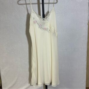 Valerie Stevens Cream Slip Dress with Pink Floral Embroidery Large